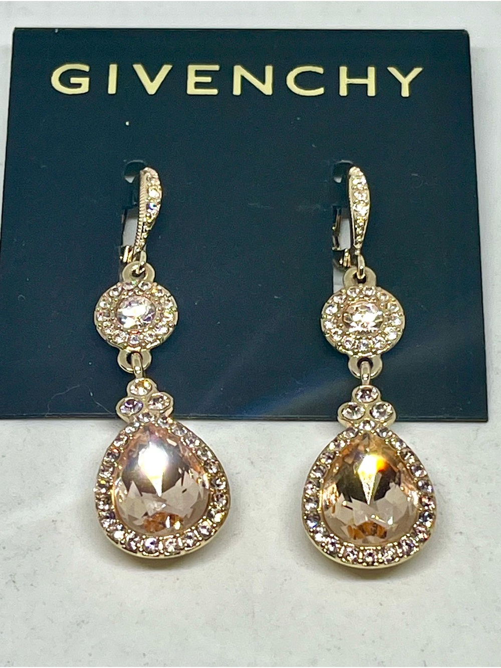 Givenchy Gold and Champagne Teardrop Crystal Dangle Earrings
